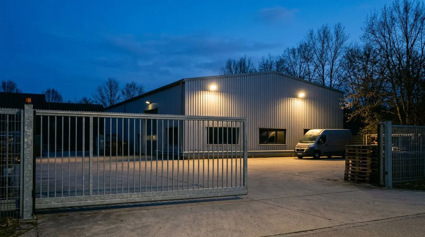 Gesichertes Firmengelände am Abend: geschlossenes Tor, beleuchtete Halle